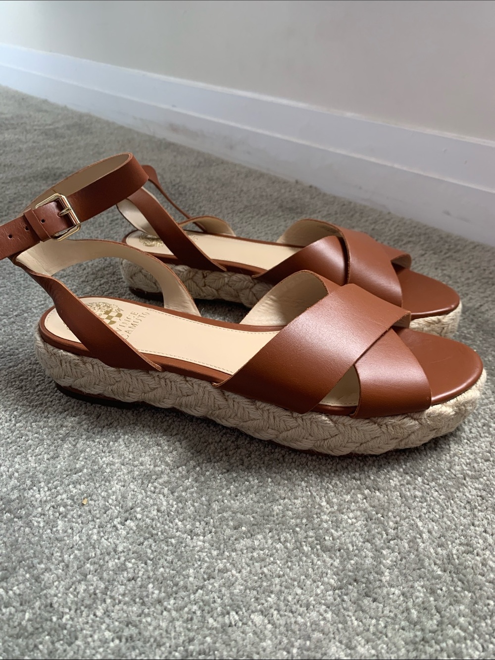 Vince Camuto Cognac Leather Crisscross Espadrille Wedge Sandals